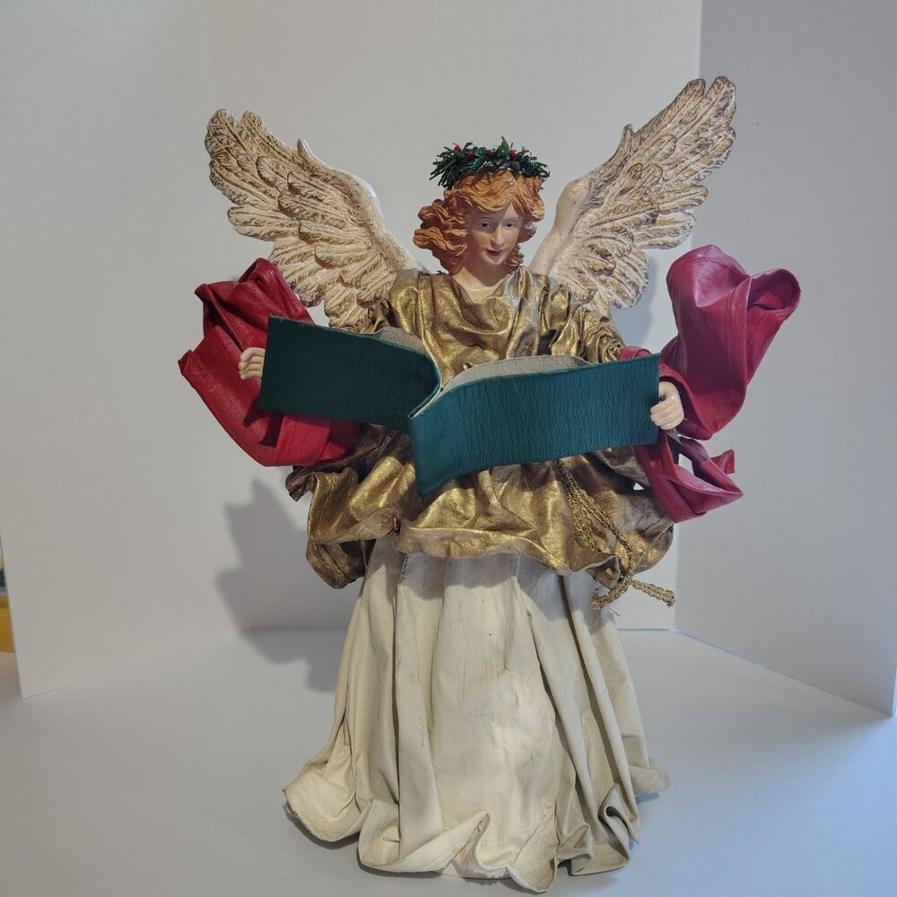 Antique Angel Figurine With Wings Holding Green Scroll & Red Ribbon Accents